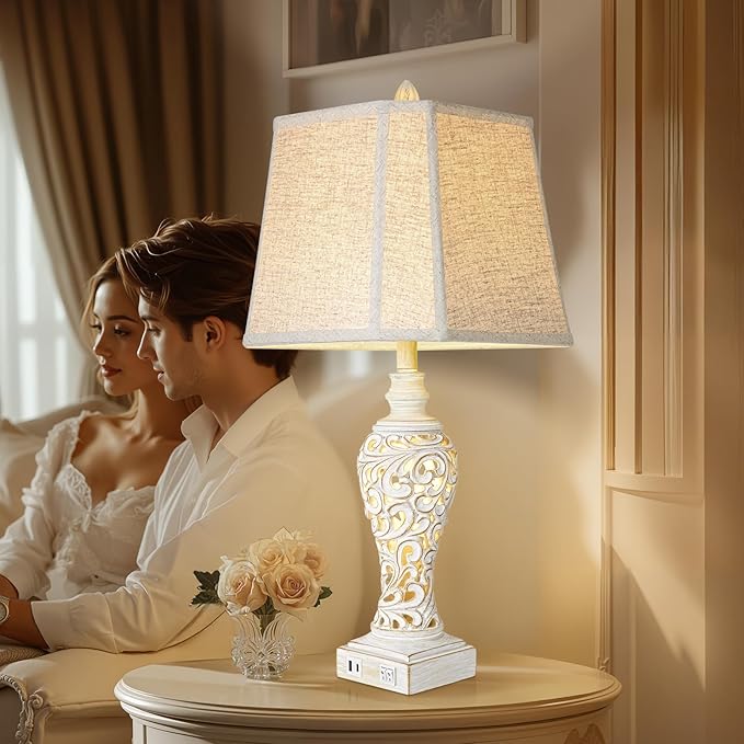 Vintage Table Lamps Set of 2, 28.5'' High Bedside Lamps with Fabric Shade, Farmhouse Nightstand Lamps with USB A+C Ports and Nightlight - Perfect for Living Room Bedroom Office Study (Bulb Included) - Bloomnest