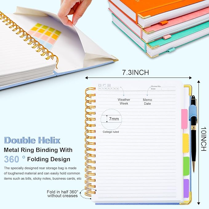 Hardcover Spiral Notebook 8"x10" Journal Notebook with Tabs and Removable Dividers 300 Pages 5 Subject Notebook College Ruled, Faux Leather Spiral Bound Notebook for Women School Work (Lake Blue) - Bloomnest