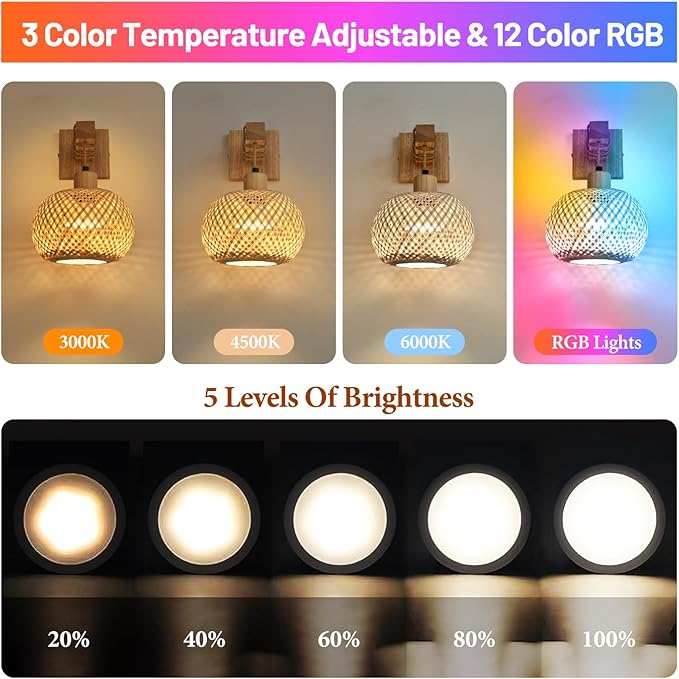 Battery Operated Wall Sconce Set of Two, Rechargeable Bamboo Wall Sconces with Remote RGB 15 Colors Dimmable, Farmhouse Boho Wall Lights for Bedroom Living Room Entryway - Bloomnest