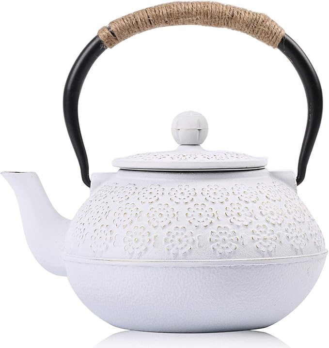 Sotya Cast Iron Teapot, 40oz/1200ml Japanese Tetsubin Tea Pot with Infuser for Loose Leaf and Tea Bags, Tea Kettle Coated with Enameled Interior for Stove Top, White - Bloomnest