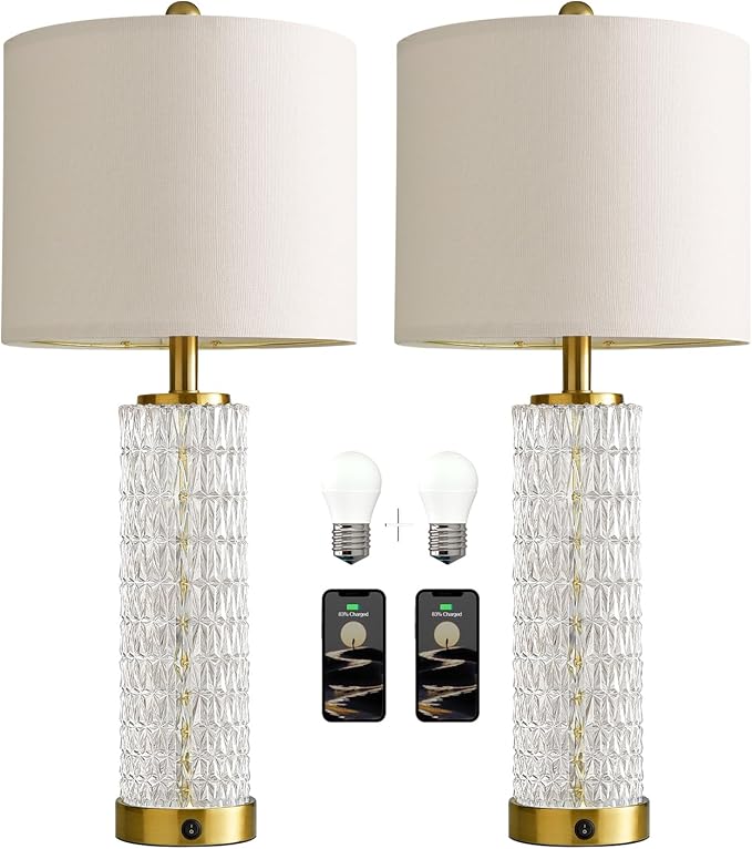 Oneach 27.75” Table Lamps Set of 2, Gold Modern Bedside Lamp with LED Night Light, USB A+C, Glass Lamps for Living Room, Bedroom, Nightstand, Office, End Table (2 Bulbs Included) - Bloomnest