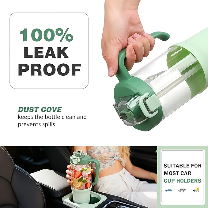32 oz Glass Tumbler with Handle, 2-in-1 Straw and Sip Spout, Leakproof, BPA-Free Glass Water Bottle for Sports, Office, School, Light Green - Bloomnest