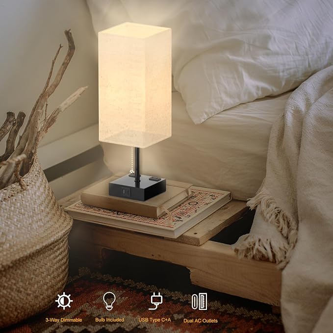 Table Lamp for Bedroom with USB,Bedside Lamp with USB C+A Charging Ports,Adjustable 3color LED Light for Home Decor/Nightstand/Office,Included Bulb and Fabric Lamp Shade (Linen White, 1PCS) - Bloomnest