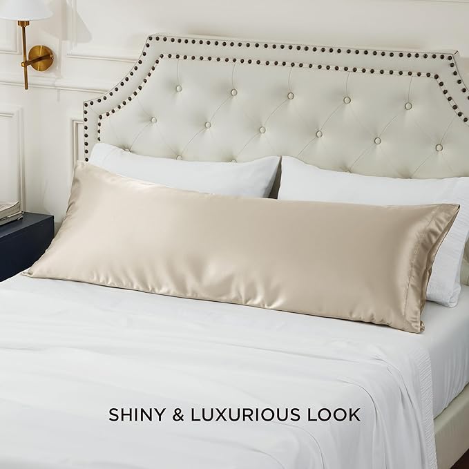 Bedsure Body Pillow Cover 20x54 Inches - Khaki Satin Similar to Silk Pillowcase for Hair and Skin, Cooling and Silky Long Body Pillow Pillowcase with Envelope Closure, Gifts for Women Men - Bloomnest
