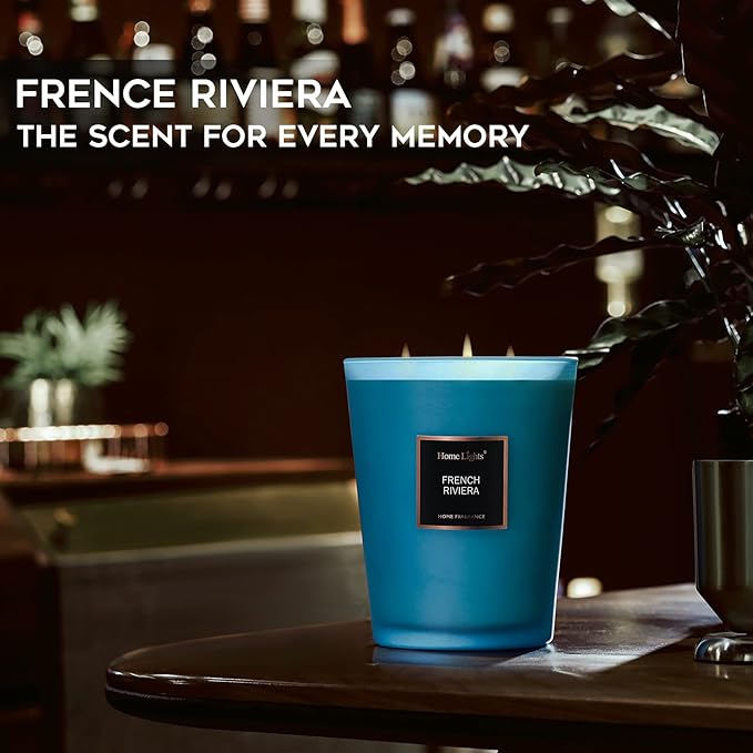 HomeLights Scented Candles | Large Jar Candle - 33.3 Oz. Natural Soy Aromatherapy Candles | Up to 130 Hours Burn Time with 3 Cotton Wicks,Home Decorative Fragrance Candles Gift - French Riviera - Bloomnest