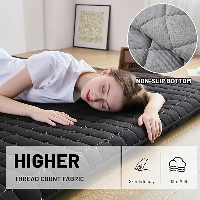 Japanese Floor Mattress Full, Anti-Slip Japanese Futon Foldable Tatami Mat for Guests, Black - Bloomnest