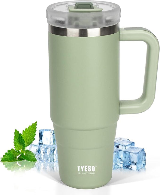 Tyeso 30 oz Tumbler with Handle, Straw and Lid - Leak Resistant Insulated Stainless Steel Water Bottle, Car Cup Holder Friendly Travel Coffee Mug Green - Gifts for Men & Women - Bloomnest