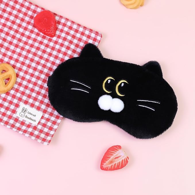 Cute Sleep Eye Masks for Kids, Kawaii Cartoon Kids Sleeping Mask for Women Boys Girls Teens, Soft Plush Adjustable Eyeshade Silk Travel Nap Eye Cover, Black Cat - Bloomnest