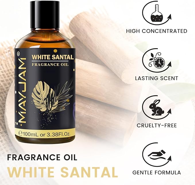 White Santal Fragrance Oil Essential Oil, MAYJAM 3.38FL.OZ White Santal Oil for Diffusers for Home, Long Lasting Scented Oils for Soap Candle Making - 100ML MAYJAM