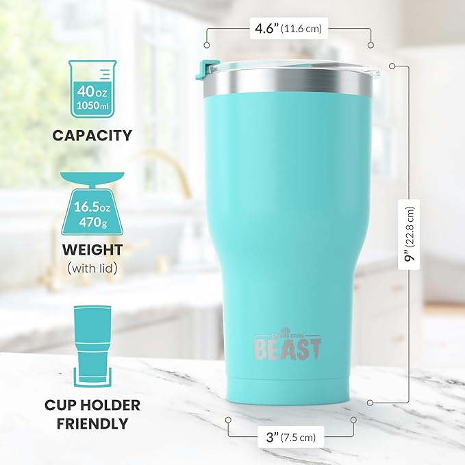 Beast 40 oz Tumbler Stainless Steel Vacuum Insulated Coffee Ice Cup Double Wall Travel Flask (Aquamarine Blue) - Bloomnest