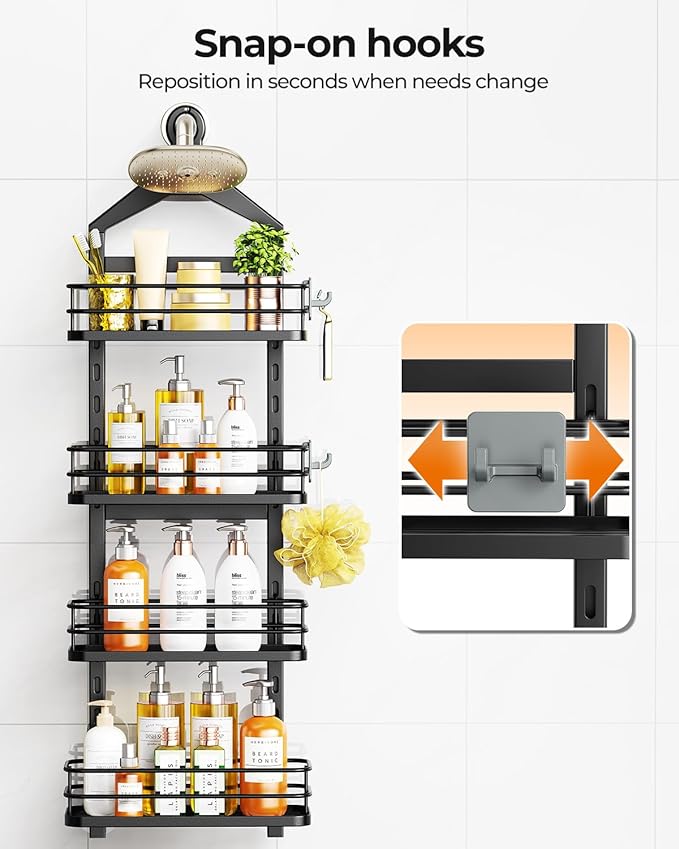 ODesign 4 Tier Height-Adjustable Shower Caddy Hanging Anti-Swing-Over The Shower Head Caddy-Sho wer Storage Organizer Bathroom Shelves Basket Caddies-Black - Bloomnest