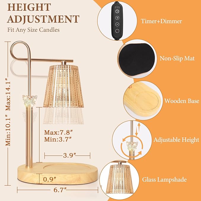 Candle Warmer Lamp with Timer Dimmer, Adjustable Height Wax Warmer Lamp for Jar Candle, Wax Melter House Warming Gifts New Home Décor, Birthday Gifts for Women Mom (Gold - Butterfly) - Bloomnest