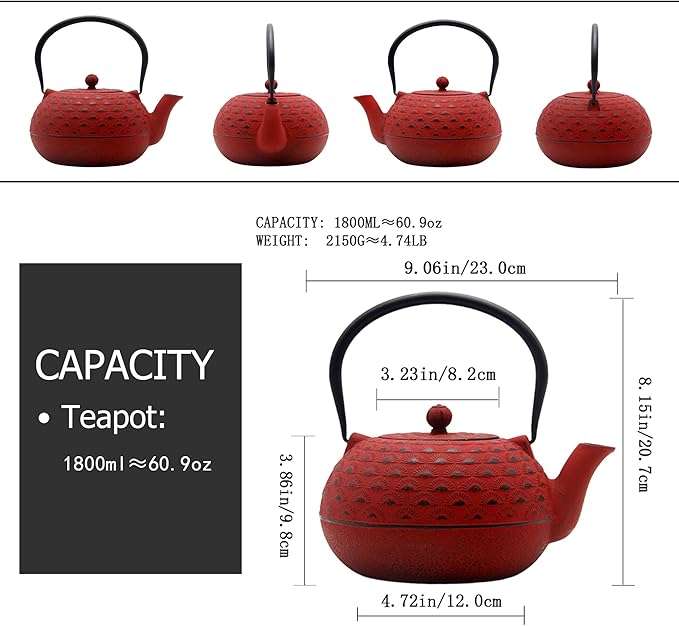 YJX 60.9 fl oz Cast Iron Teapot, Large Tea Kettle for Stove Top, Red Tea Pot with Stainless Steel Infuser for Loose Tea, 1.8L Japanese Enameled Metal Teapot - Bloomnest