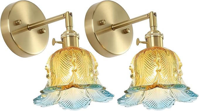 Vintage Wall Sconces Set of 2, Lily Yellow Lampshade & 180 Degree Adjustable, Brass Wall Lights, for Bedroom Living Room Hallway Aisle, Bulbs Not Included, ETL Listed - Bloomnest