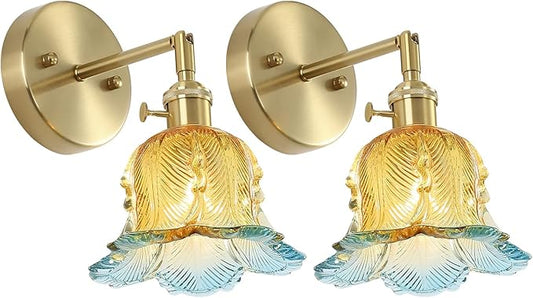 Vintage Wall Sconces Set of 2, Lily Yellow Lampshade & 180 Degree Adjustable, Brass Wall Lights, for Bedroom Living Room Hallway Aisle, Bulbs Not Included, ETL Listed - Bloomnest