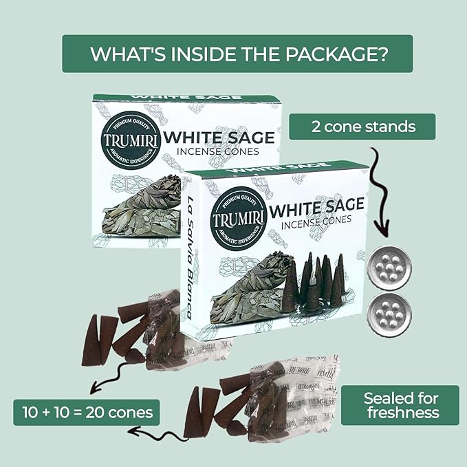 White Sage Incense Cones - Dual Pack of 10 Cones - Scented TRUMIRI