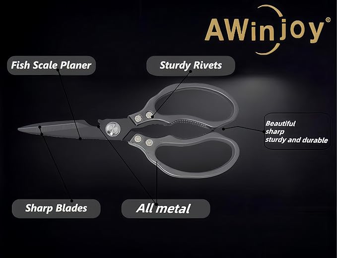 AWinjoy Heavy Duty Sharp Kitchen Scissors - Dishwasher Safe Black Cooking Shears for Meat, Chicken, Fish, Poultry, Herb, Bread (All Black) - Bloomnest
