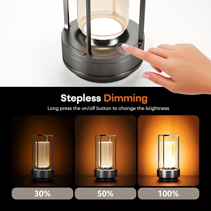 Portable Metal Table Lamp for Indoor/Outdoor ,Rechargeable Cordless LED Lamp, 3-Colour Infinitely Dimming Battery Powered Small Desk Lamp, Restaurant/Bedroom/Bar/Coffee/Camping Light (Grey Set of 2) - Bloomnest