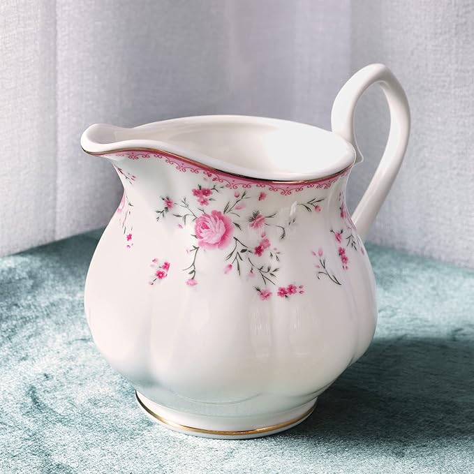 fanquare Vintage Porcelain Tea Set for Women Tea Party, Cup and Saucer Set for 6, Wedding Floral Teapot Set for Adults, Pink Rose - Bloomnest