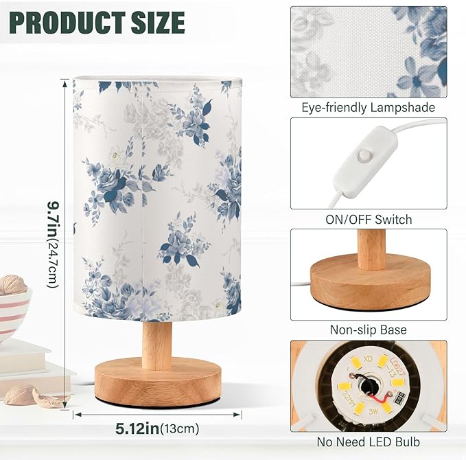 Yuiboo Nightstand Lamps Teal Flowers Farmhouse Blue Small Bedroom Lamps Burlap Table Lamps for Girls Home Office para - Bloomnest
