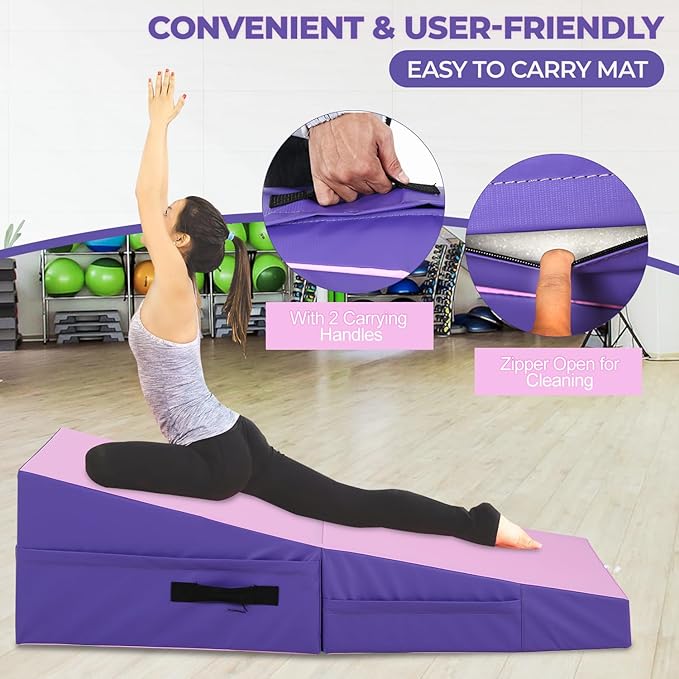 Gymnastics Mat Incline Tumbling Mats yoga mat for Home Gym, Folding Exercise Mat with Non-Slip PU Surface & Handles, Cheese Wedge Mat - Bloomnest