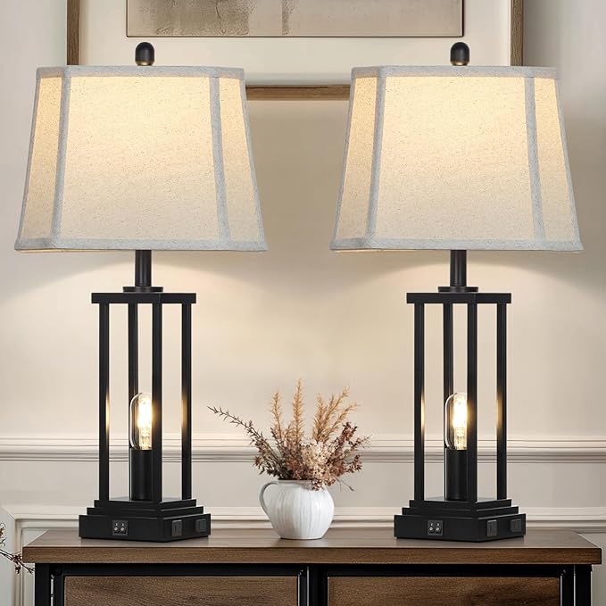 27" Tall Farmhouse Table Lamps with Bell Lampshade, Black Industrial Living Room Lamps Set of 2 with Night Light, Rustic Bedside Lamp with USB C+A Port & AC Outlet, Vintage Bedroom Lamp for Nightstand - Bloomnest