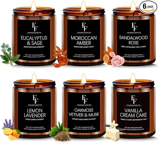Scented Candles Set, Candles for Home Scented Soy Wax Candles, 6 Pack 42 Oz Aromatherapy Candles Gift Set for Women Men (Lemon/Vanilla/Sage/Rose/Amber/Vetiver) - Bloomnest