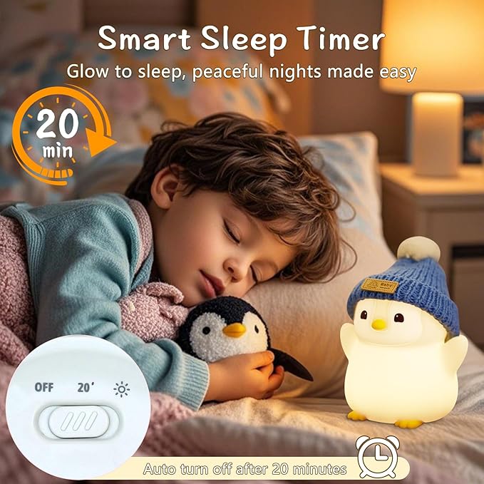 Penguin Night Light for Kids, Adorable Penguin Lamp with Hat, Food Grade Silicone Nursery Nightlight, Rechargeable/Dimmable/Timer,LED Squishy Novelty Animal Bedside Lamp,Funny Gifts for Boys - Bloomnest