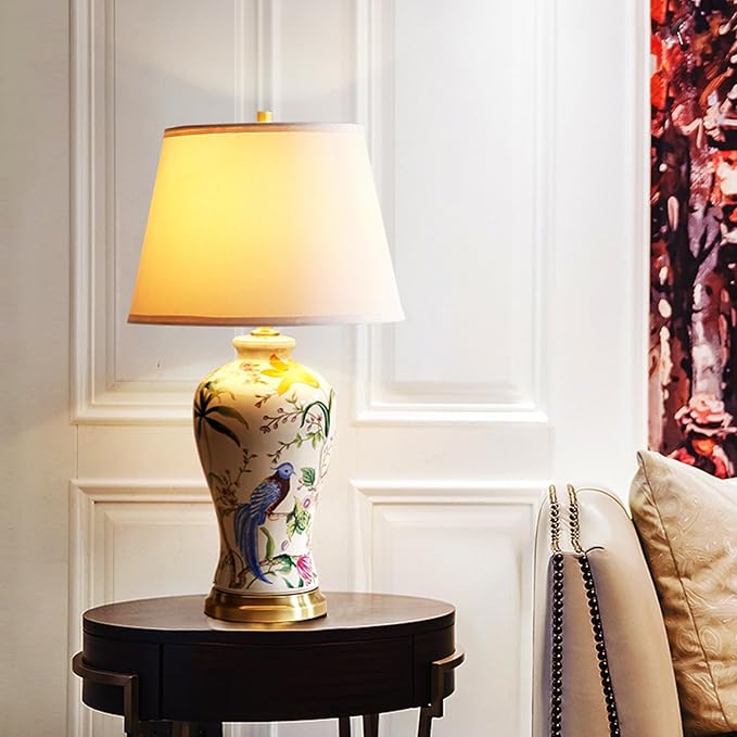 PURESILKS White Ceramics Table Lamp 25.5" Chinoiserie Lamp Flower and Bird Table Lamp American Handmade Beige Linen Drum Shade Decor for Living Room Bedroom - Bloomnest