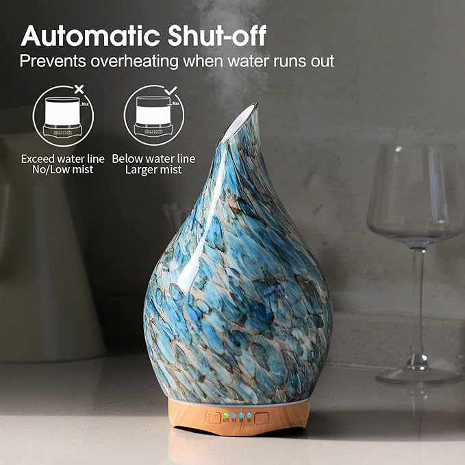 Porseme 280ml Essential Oil Diffuser Glass Color Changing Aroma Air Diffusers Aromatherapy Ultrasonic Cool Mist Humidifier 7 Running Hours Waterless Auto-Off for Sleeping Yoga Office Spa (Light Blue) Porseme