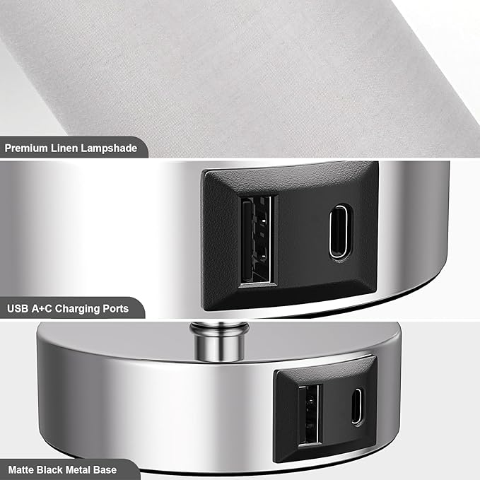 Grey Table Bedside Lamp for Bedroom Nightstand - Small Silver Lamp with USB A + C Charging Port, 3 Color Temperatures Pull Chain Night Stand Light with Bulb, Side Table Desk Lamp for Living Room - Bloomnest