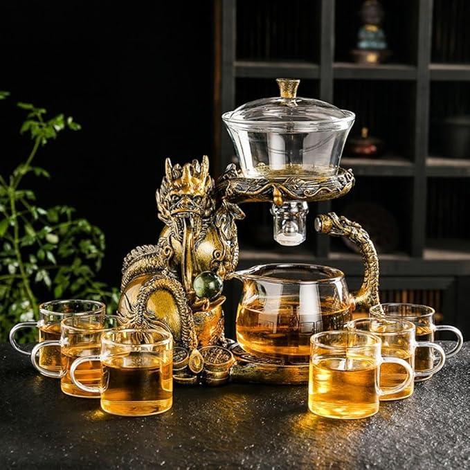 Glass Teapot Set with Infuser Semi Automatic Dragon Tea Set with 6 Small Cups (golden dragon) - Bloomnest