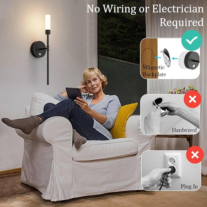Black Battery Operated Wall Sconce Set of 2,3000K-6000K Dimmable 6000mAh Rechargeable Wall Sconce Indoor Wireless Wall Lights Remote Control for Bedroom,Living Room,Hallway - Bloomnest