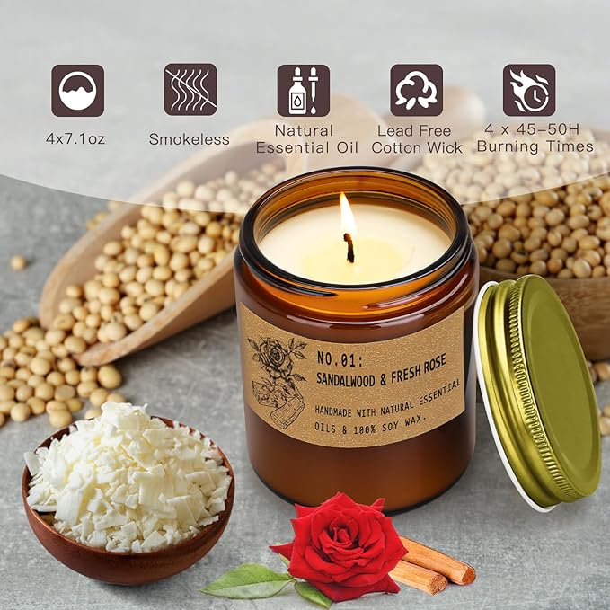 Soy Wax Candle Gift Set, 4 Pack Scented Candles for Home – Sandalwood & Fresh Rose, Lavender, Amber & Moss–Long Lasting Aromatherapy Candles for Stress Relief & Holiday Gifts for Family, Friends - Bloomnest