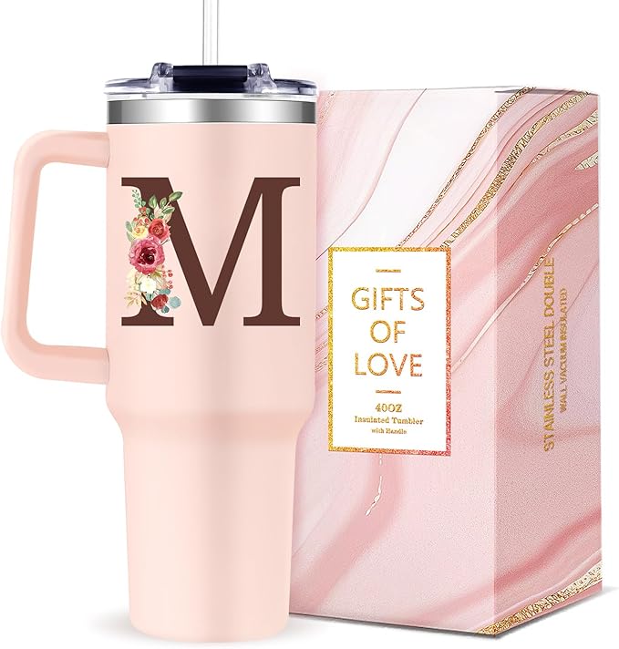 Monogrammed 40oz Tumbler with Handle for Women, Personalized Birthday Gifts for Women,Initial Cups for Woman Floral Letter M,Customized Gifts for Female Lady Gift for Mothers Day Christmas - Bloomnest