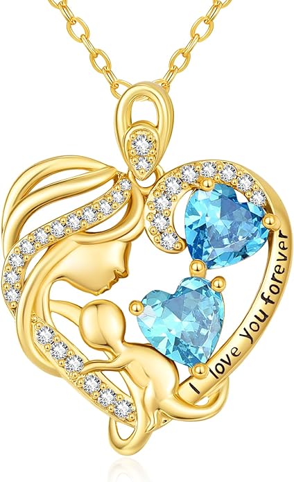 14K Gold Double Birthstone Heart Necklace for Women Mom, Mother Son/Daughter Pendant Necklace for Christmas Mother's Day Birthday Gifts for Wife Daughter Grandmom - Bloomnest