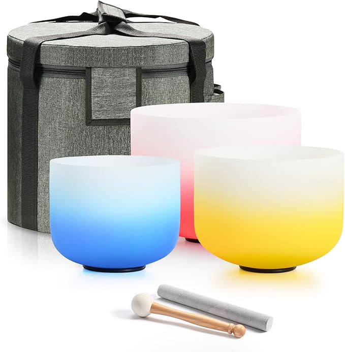 432HZ PCS Aria Gradient GEC Crystal Singing Bowl Set of 3, 8"G Throat, 10"E Solar Plexus, 12” Root with Case Suede Striker & O-Ring Sound Therapy for Reiki, Healing Energy - Bloomnest