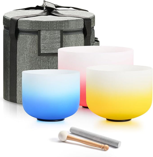 432HZ PCS Aria Gradient GEC Crystal Singing Bowl Set of 3, 8"G Throat, 10"E Solar Plexus, 12” Root with Case Suede Striker & O-Ring Sound Therapy for Reiki, Healing Energy - Bloomnest