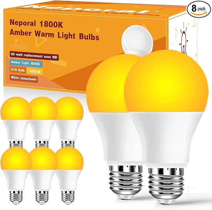Neporal Amber Sleep Light Bulbs 1800K 8PK, 9W 60 Watt Equivalent, 99.96% Blue Blocking Soft Warm Light Bulbs A19, Amber Night Light E26 for Bedroom and Baby Nursery Light - Bloomnest