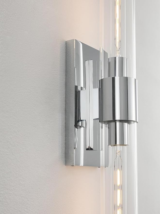 Chrome Tube Wall Sconces with Clear Glass, 24'' Modern Bathroom Vanity Light Fixtures for Bathroom Living Room Bedroom Hallway Fireplace Staircase(Bulb Included). - Bloomnest
