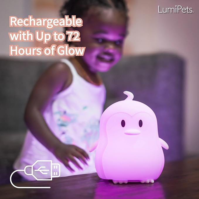 Lumipets Remote Control Silicone Night Light for Kids - Penguin Design with 9 Soft Colors & Sleep Timer - Rechargeable, Battery-Operated Lamp for Bedroom | Baby Nursery, Toddler, Girls, Boys - Bloomnest