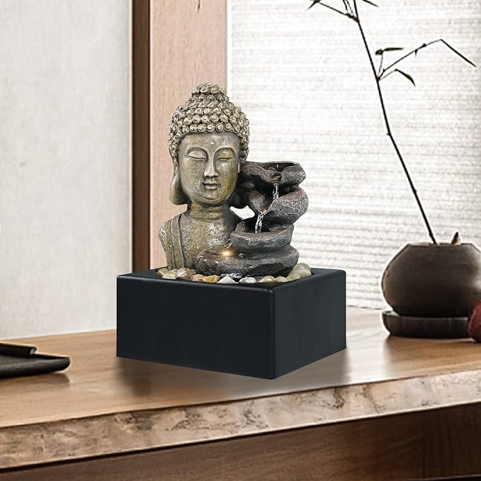 Ferrisland Tabletop Waterfall Fountain Indoor - Buddha Water Fountains 4-Tier Tabletop Waterfall of Zen Meditation Buddha Fountain with LED Warm Light for Office Home and Bedroom Desktop Decor - Bloomnest