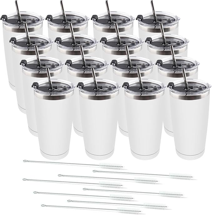 Amtidy 16 Pack 20oz Stainless Steel Tumbler with Lid, Powder Coated Vacuum Insulated Tumbler Cup, With straw and cleaning brushDouble Wall Coffee Tumbler, Powder Coated Travel Mug - Bloomnest
