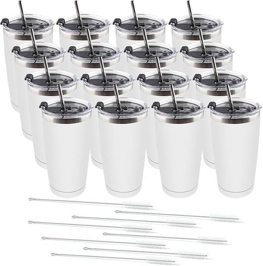 Amtidy 16 Pack 20oz Stainless Steel Tumbler with Lid, Powder Coated Vacuum Insulated Tumbler Cup, With straw and cleaning brushDouble Wall Coffee Tumbler, Powder Coated Travel Mug - Bloomnest