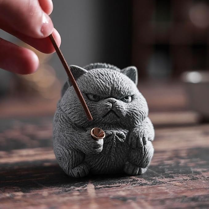 Exquisite Sandstone Warrior Cat Incense Holder (2.16”*2.36”) with Free Fishing Rod and Fish, Plus Bamboo Mat Cushion (7.28”*3.34”) (Sandstone Cat) - Bloomnest