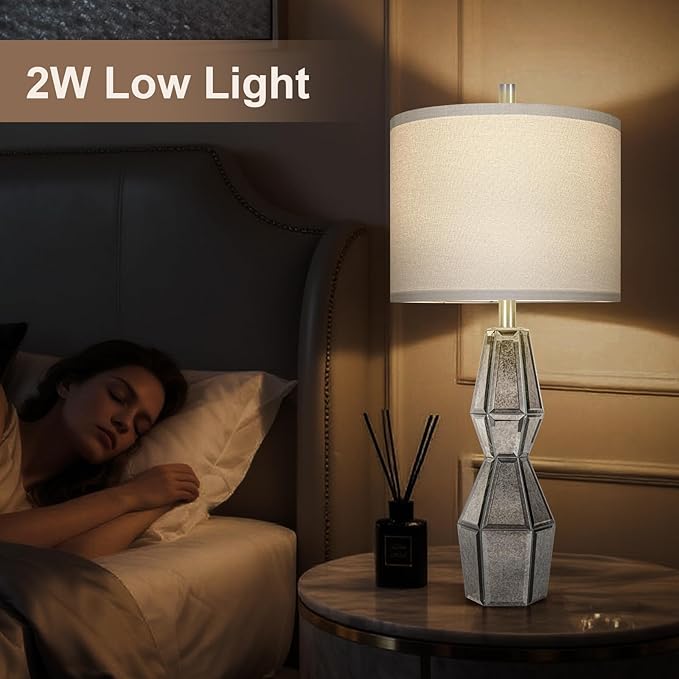 28" Vintage Table Lamps for Bedroom,Antique Bedside Lamp for Living Room with USB A+C Ports,Glass Table Lamps with Linen Shade,3-Way Dimmable Bulb,Nightstand Lamp for Home Hotel Decor(Bulb Included) - Bloomnest