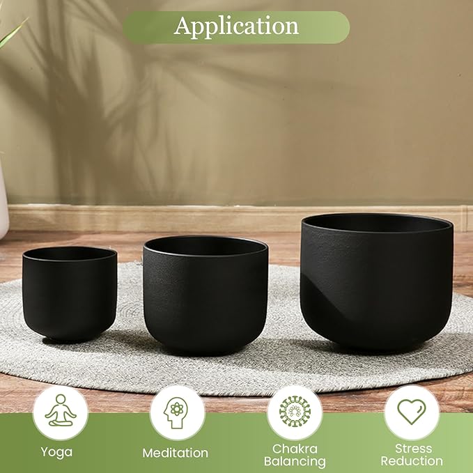 432HZ 7-11 Inch 3 Pcs Black Frosted Crystal Singing Bowl Set for Meditation Healing Yoga Chakra Quartz Crystal Sound Bowls with Heavy Duty Carry Cases and Rubber Mallet,Suede Striker,O-rings - Bloomnest