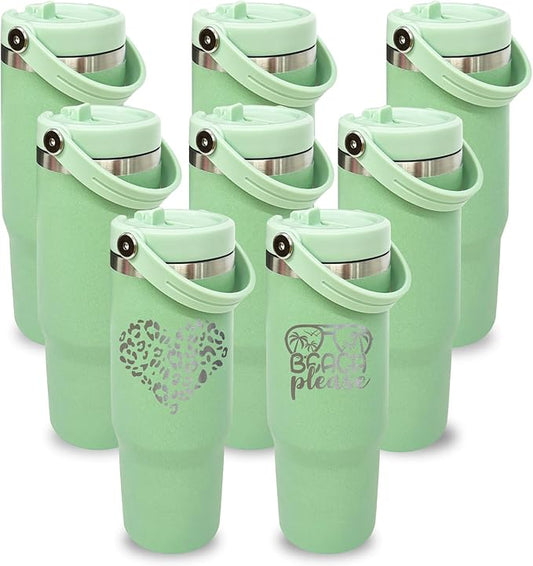 30 oz Tumbler Bulk with Top Handle, Double Wall Vacuum Insulated Tumbler with Flip Straw, Travel Coffee Mug 30oz Powder Coated Cup for Laser Engraving (Green,8 pack)