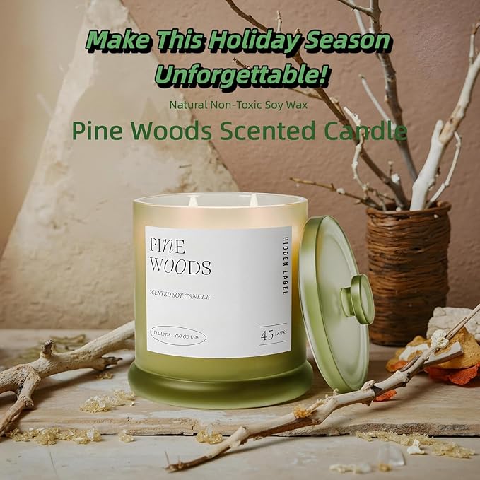 Christmas Candles, Pine Woods Scented, Holiday Candles for Home Scented with Natural Non Toxic, 2 Wicks, 13oz Soy Wax, 45H Long Lasting | Aromatherapy Candle for Home Decor, Christmas Gifts for Women - Bloomnest