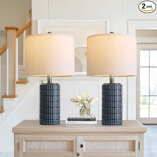 PoKat 20.75" Small Blue Table Lamps, Farmhouse Bedside Lamps for Bedroom Set of 2, Ceramic End Table Lamps for Night Stands Living Room, Modern Nightstand Desk Lamps, Dark Blue - Bloomnest